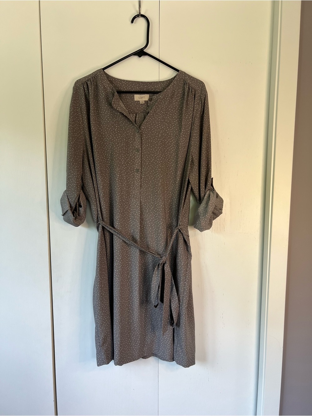 Loft Gray Belted Polka Dot Shirt Dress